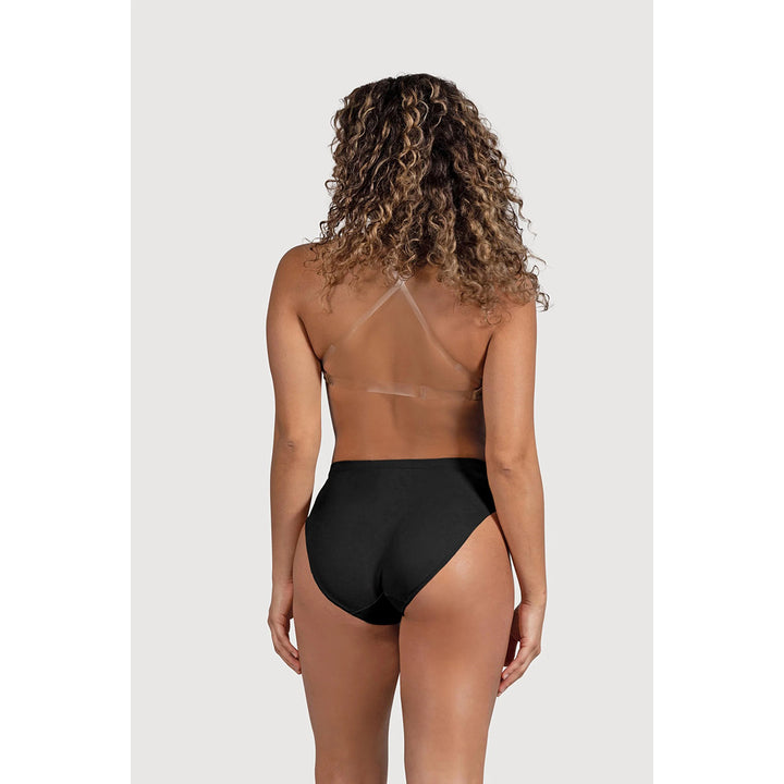 A woman shown from the back wearing black High Waist Womens Brief undergarment and a sheer nude back strap top, set against a light gray studio background.