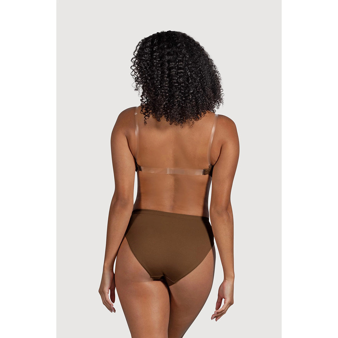 A woman shown from the back wearing a brown High Waist Womens Brief undergarment and a matching brown strap top with clear adhesive cups, against a light gray studio background.