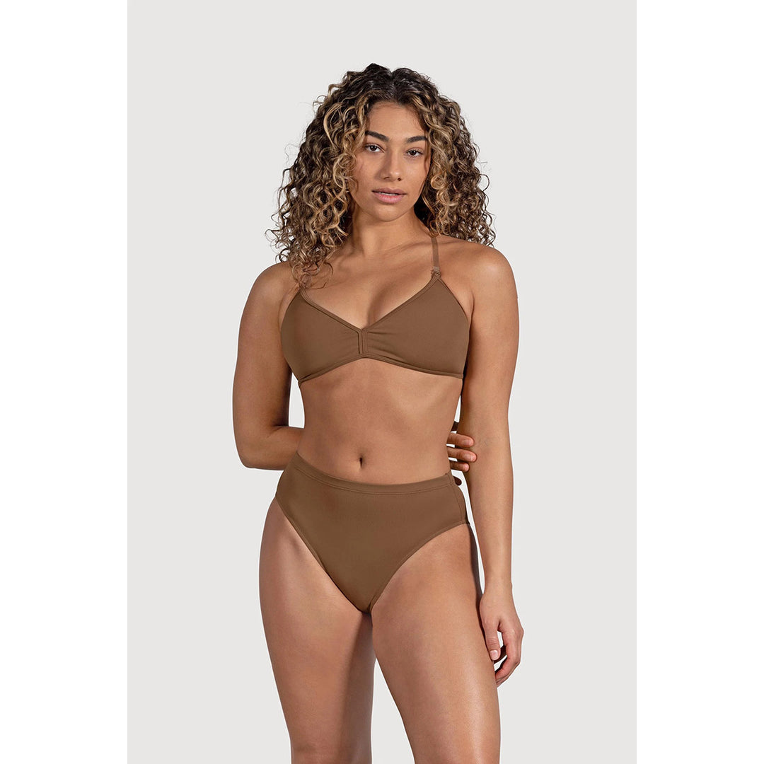 A woman modeling a two-piece bHigh Waist Womens Brief undergarment in a solid brown color, featuring a halter-style top and high-waisted bottoms, set against a plain light gray background.