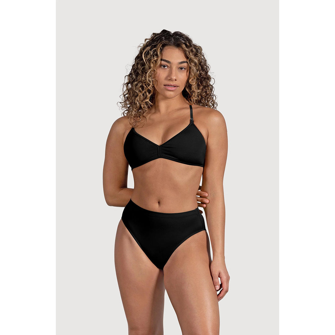 A woman modeling a black two-piece High Waist Womens Brief undergarment set against a light gray studio background.