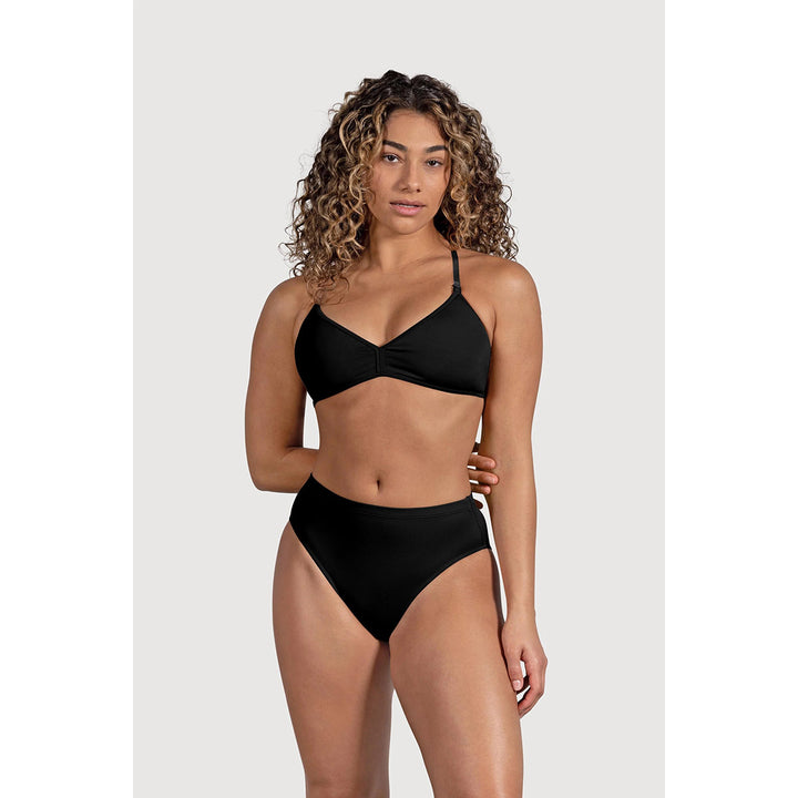 A woman modeling a black two-piece High Waist Womens Brief undergarment set against a light gray studio background.