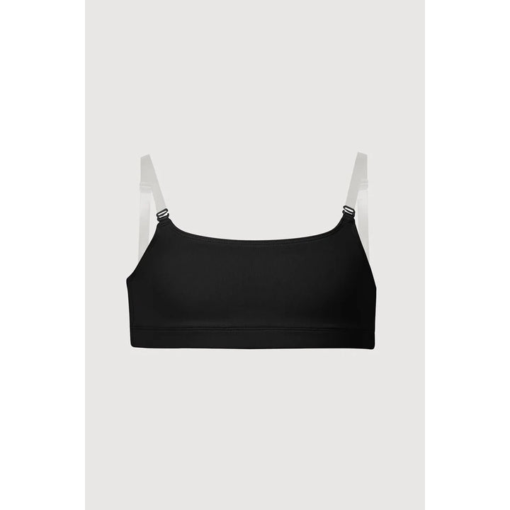 A black sports bra with adjustable white shoulder straps, displayed flat against a light gray background.