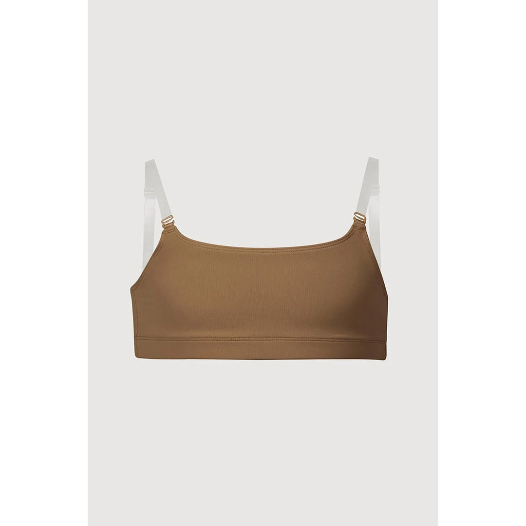 A solid brown sports bra with adjustable shoulder straps, displayed against a light gray background.