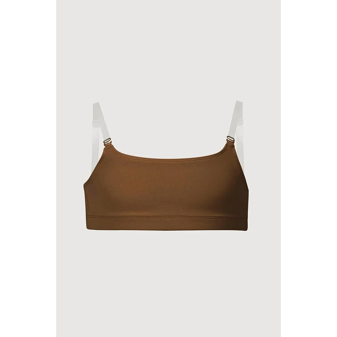 A solid brown sports bra with adjustable shoulder straps, displayed flat against a light gray background.