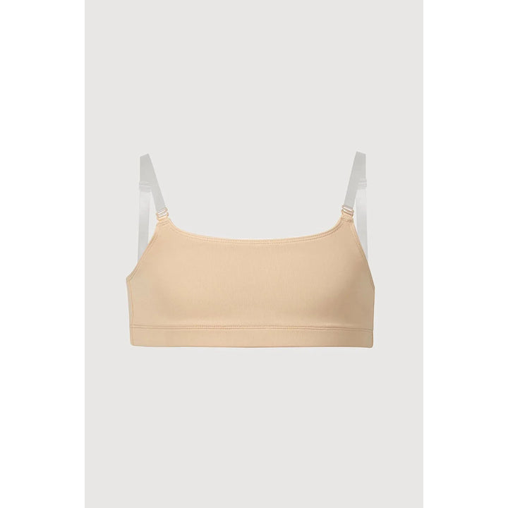 A light beige wireless bralette with thin adjustable shoulder straps, shown flat against a light gray background.