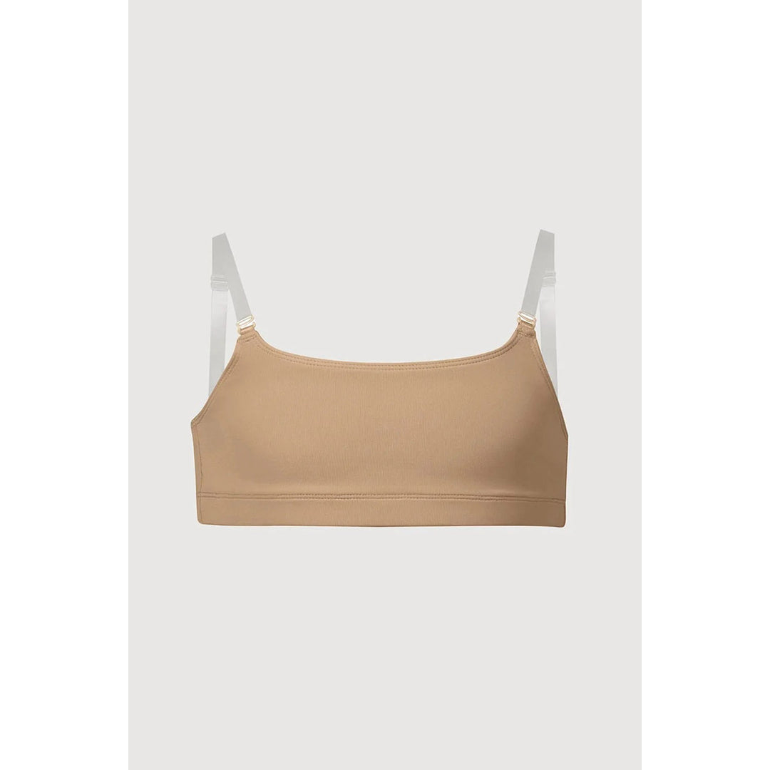 A beige wireless bralette with thin adjustable shoulder straps, shown flat against a light gray background.