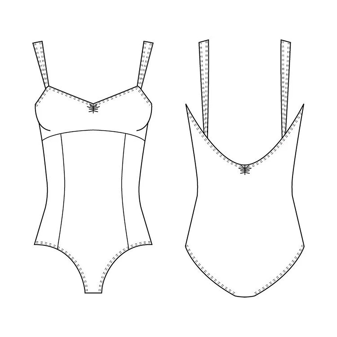 Black and white line drawing of a Leotard design on a white background