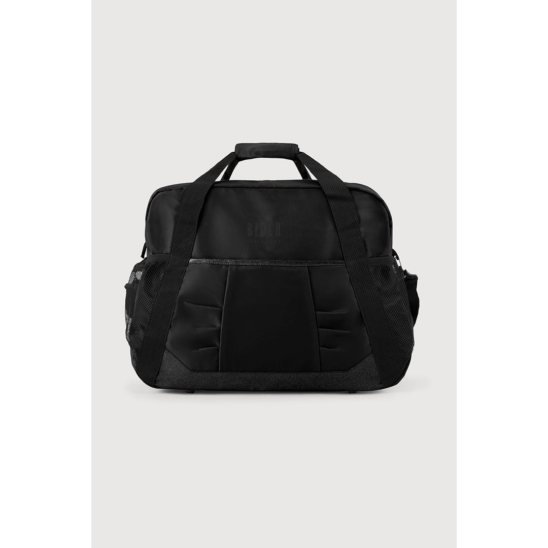A black duffel bag with dual top handles and side mesh pockets, shown against a light gray background.