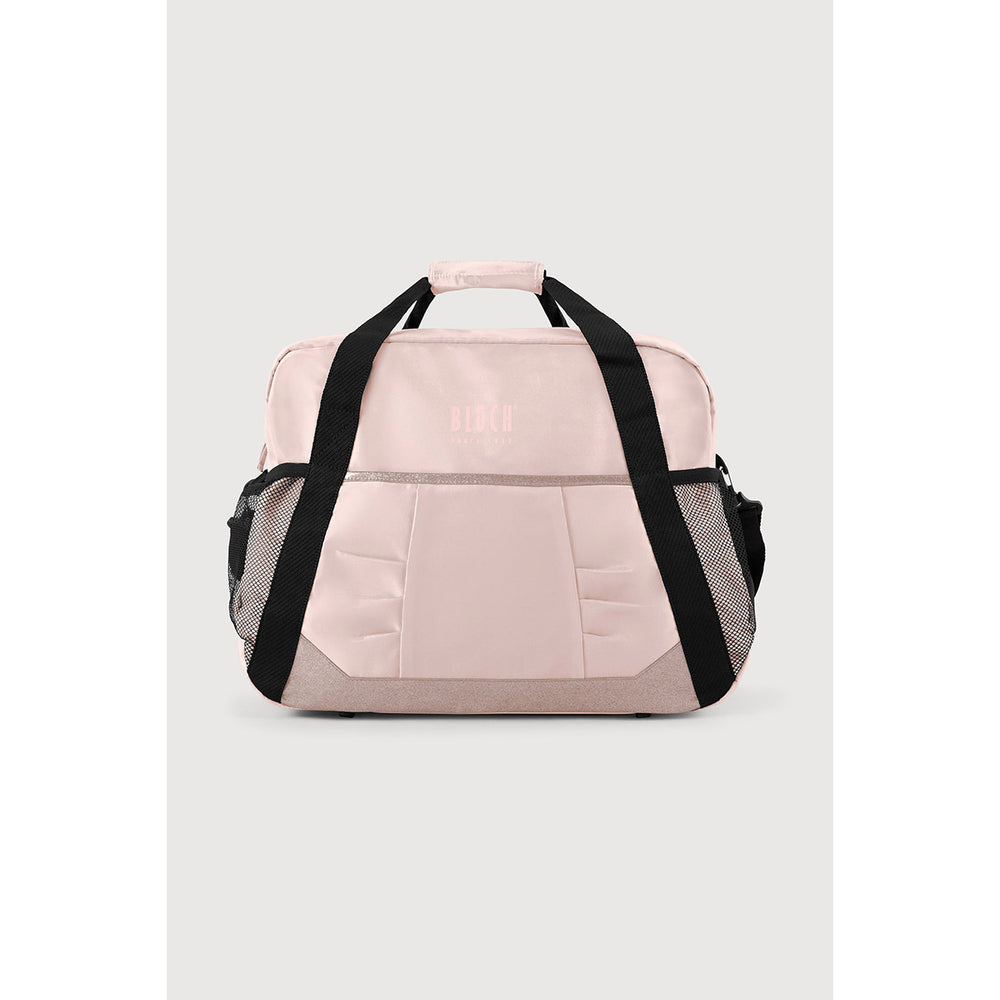 A light Shell pink and gray travel duffel bag with black handles and side mesh pockets, shown against a neutral light gray background.
