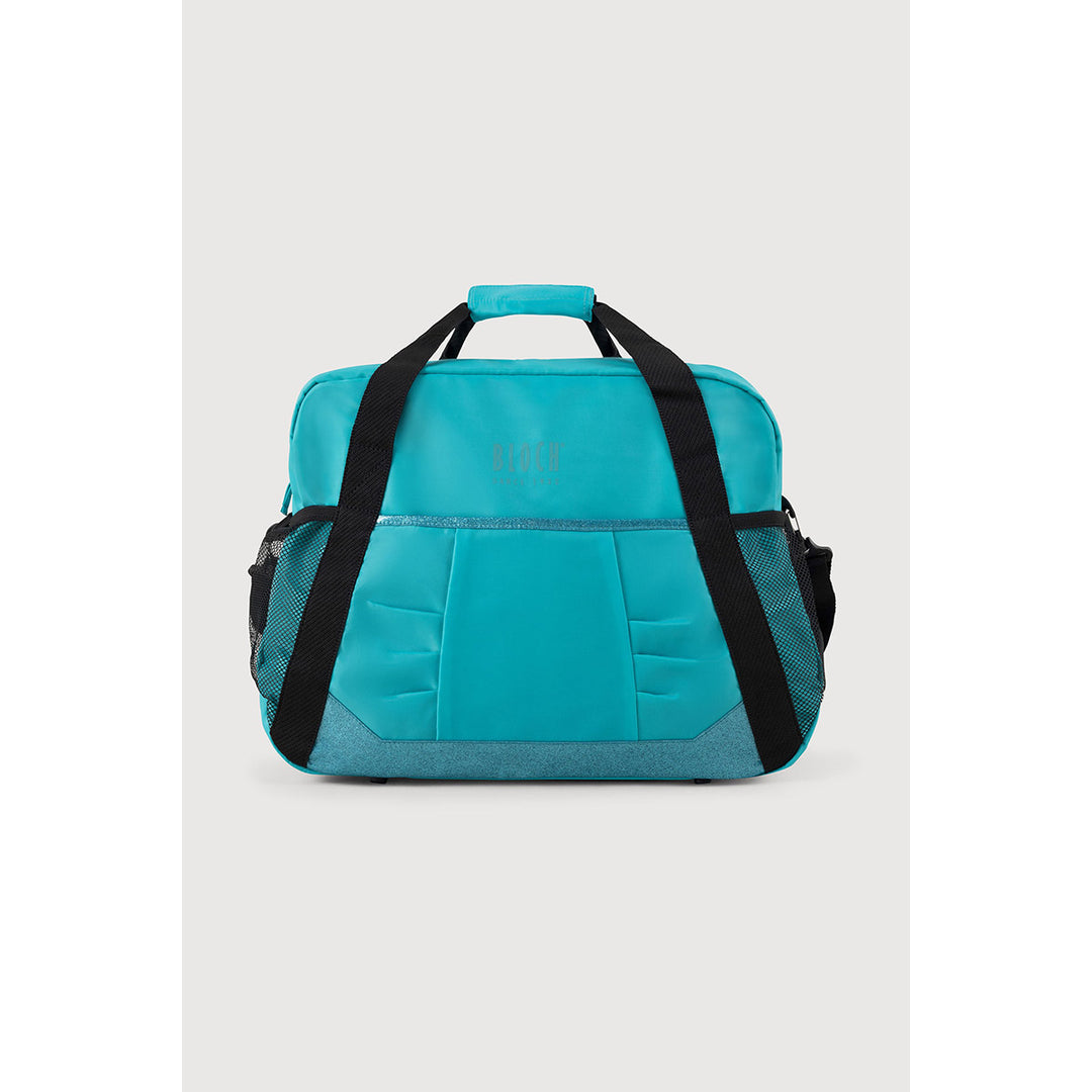 A turquoise and black duffel bag with a top carry handle, side mesh pockets, and a subtle embossed logo on the front, shown against a light gray background.