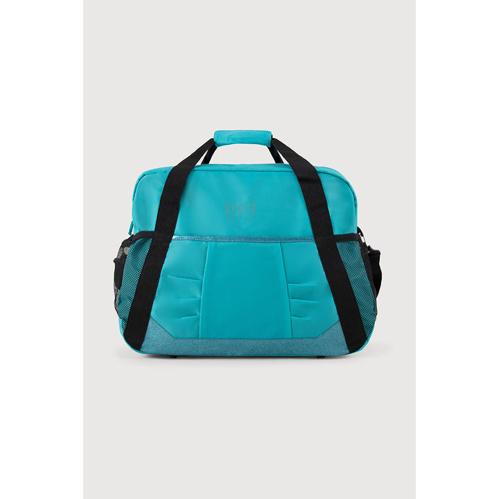 A turquoise and black duffel bag with a top carry handle, side mesh pockets, and a subtle embossed logo on the front, shown against a light gray background.