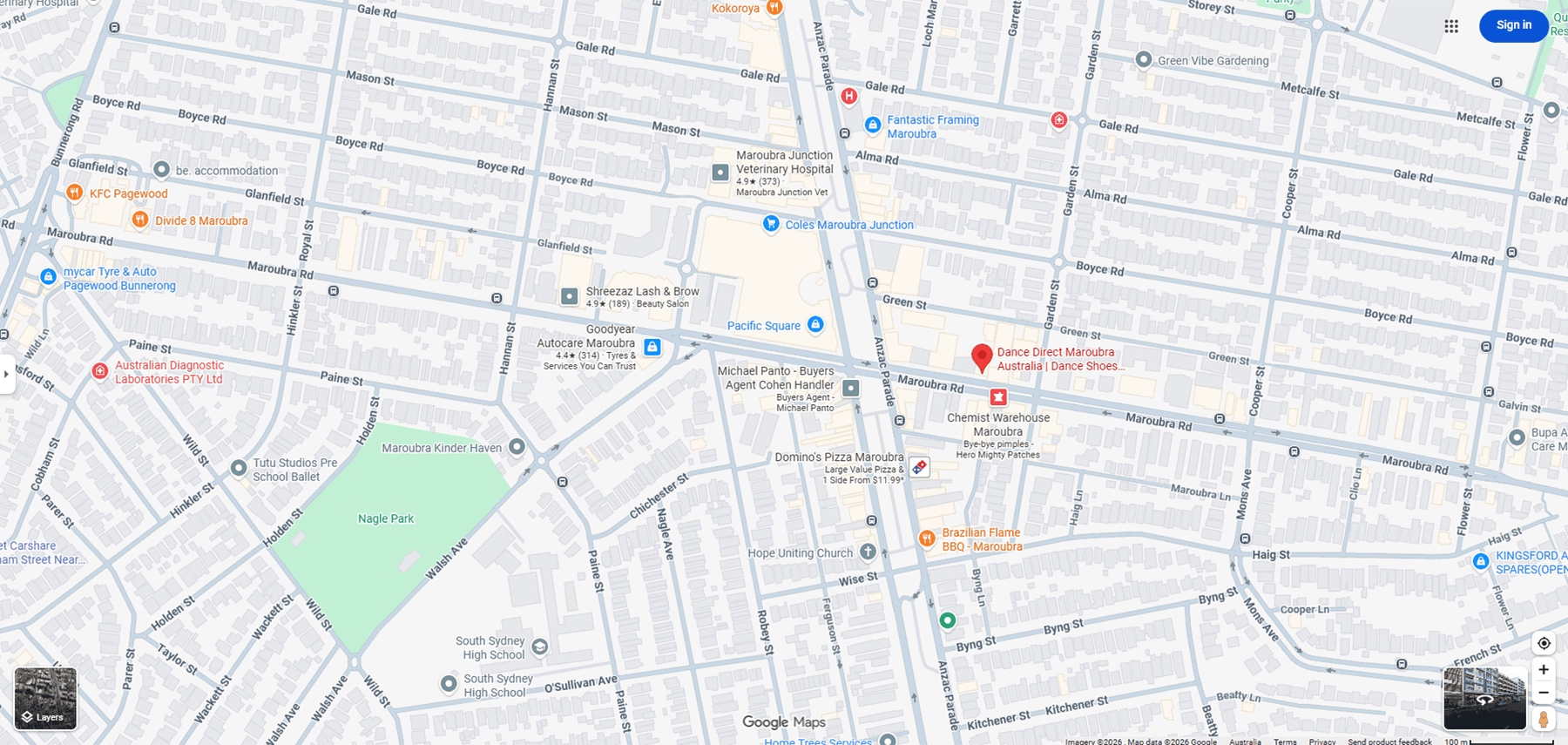 A close-up screenshot of a street map showing grid roads, labeled streets, buildings, a green park area, and a red pin marking a specific location. 192A Maroubra Road, Maroubra NSW 2035