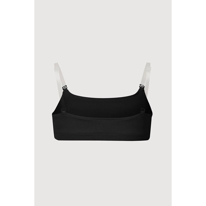 A black underbust bra support band with adjustable white shoulder straps, displayed against a light gray background.