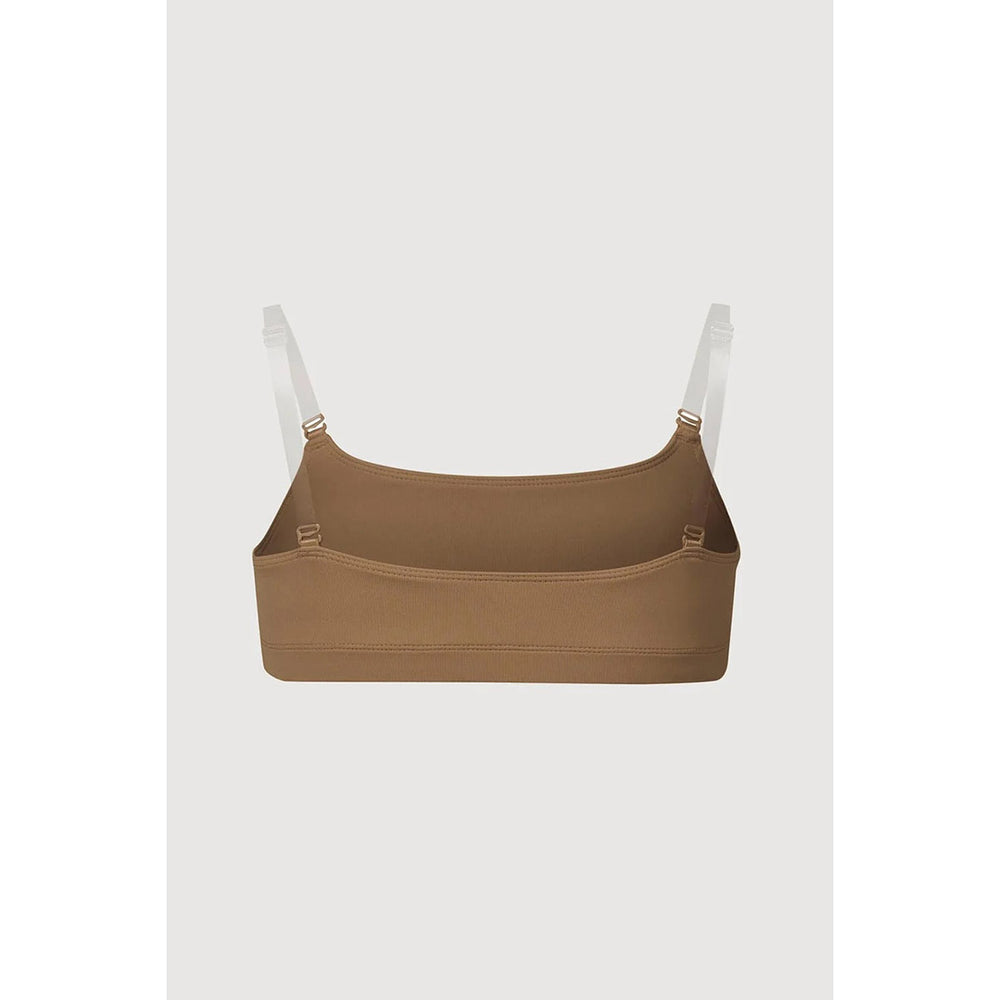 A brown fabric storage pouch designed as a bralette, featuring adjustable white shoulder straps and small gold-tone metal rings, shown against a light gray background.