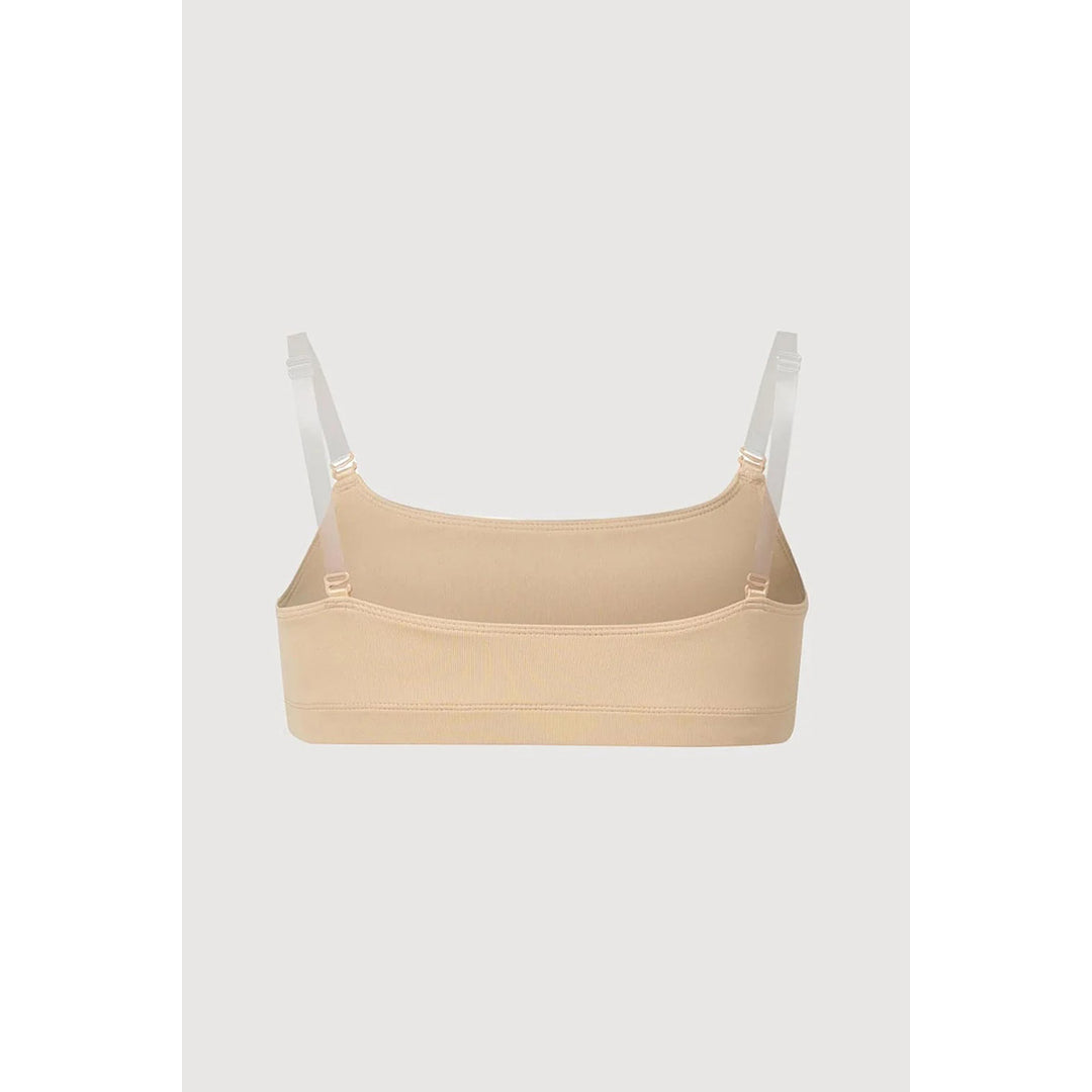 A beige underwired bra with thin adjustable shoulder straps, shown against a light gray background.
