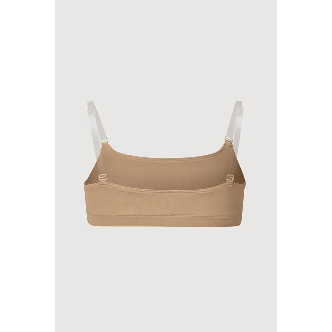 A beige underwire bra with wide adjustable shoulder straps, displayed against a light gray background.