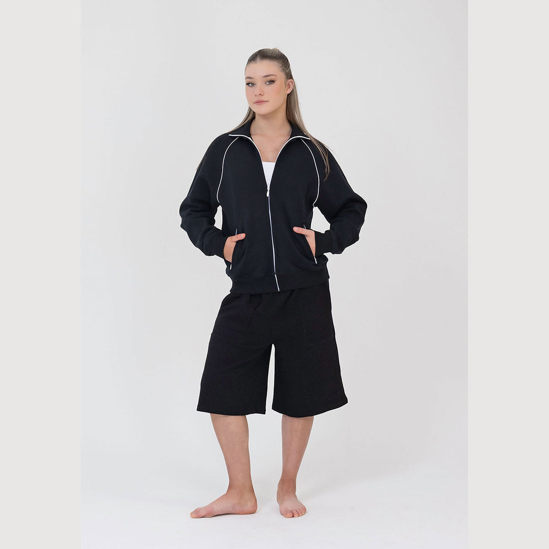 Studio 7 Dancewear Studio Jacket woman wearing, zip closed