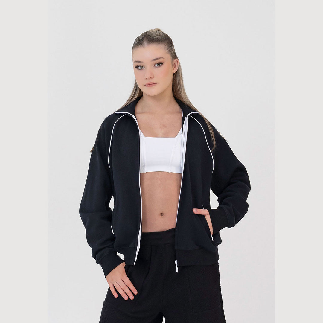 Studio 7 Dancewear Studio Jacket woman wearing, zip open