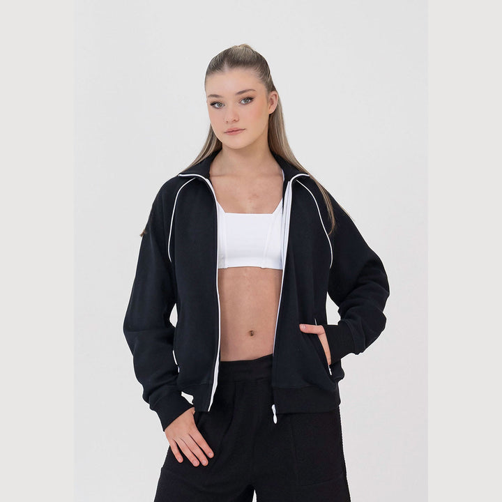 Studio 7 Dancewear Studio Jacket woman wearing, zip open